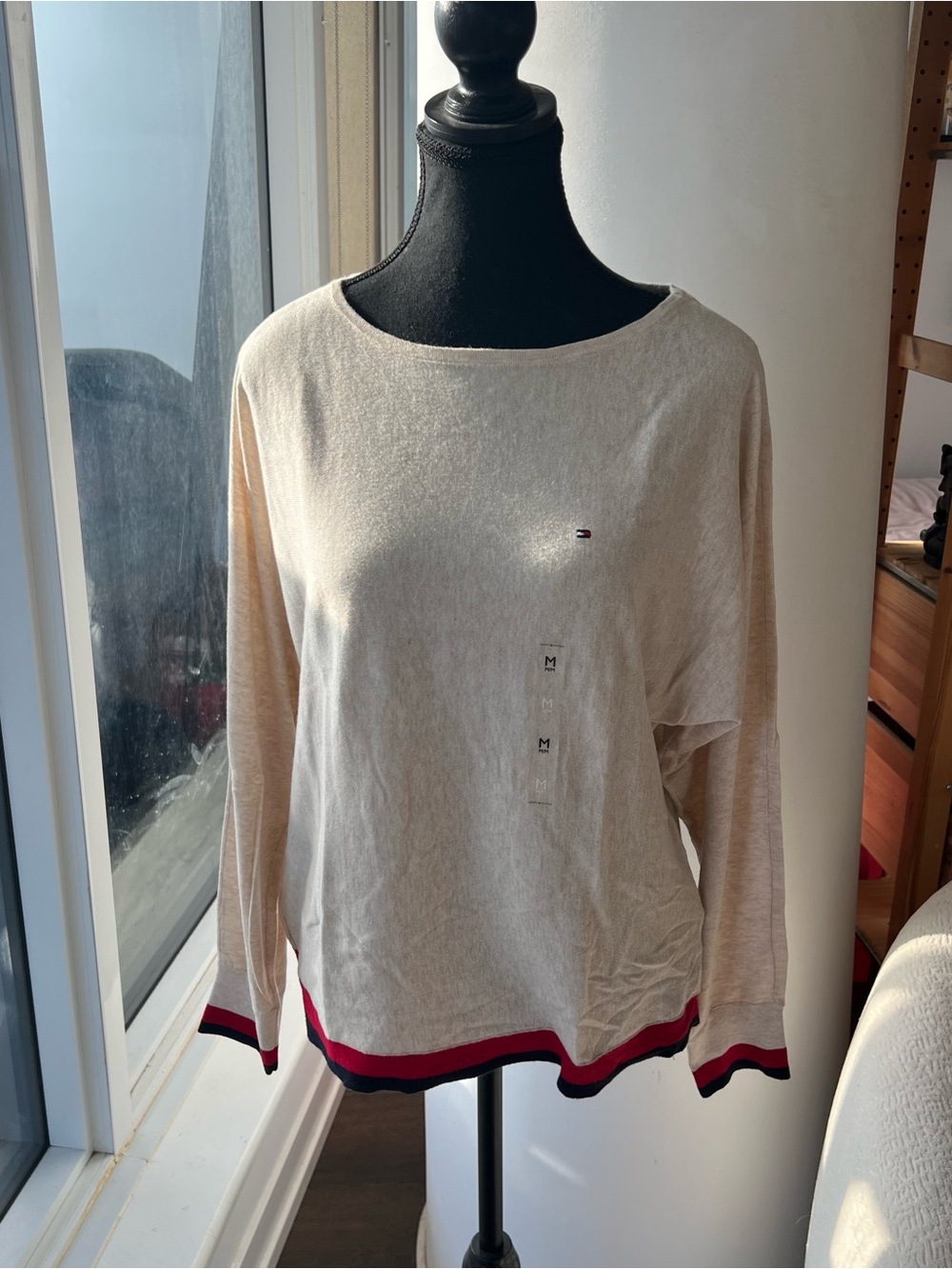 Brand New!Tommy Hilfiger Women's Cream Long-Sleeve Knit Top with Red & Navy Trim